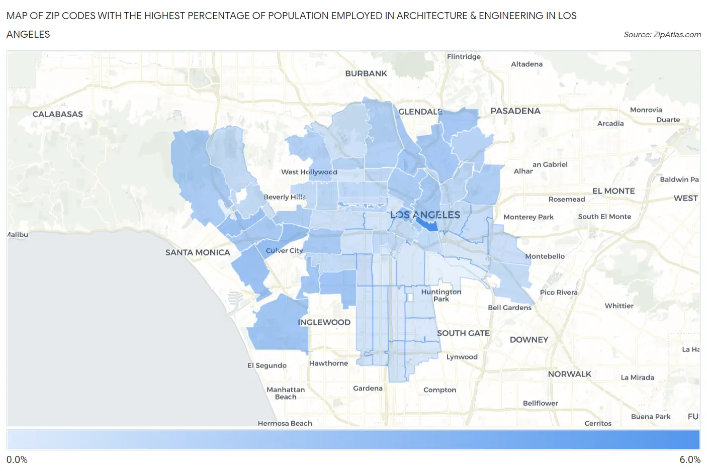 Zip Codes with the Highest Percentage of Population Employed in Architecture & Engineering in Los Angeles Map