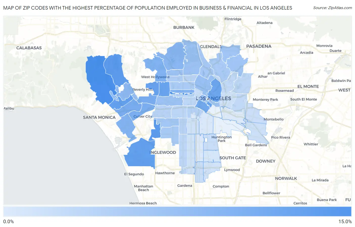 Zip Codes with the Highest Percentage of Population Employed in Business & Financial in Los Angeles Map