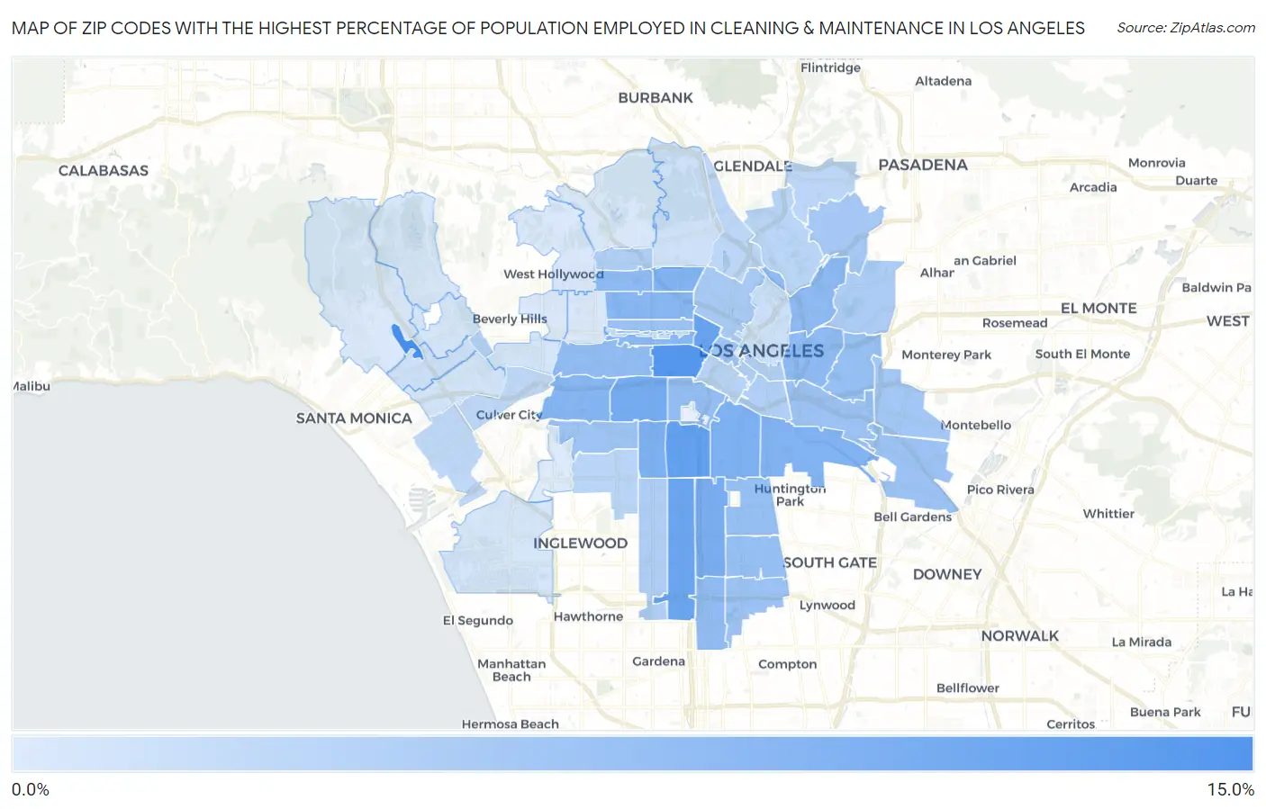 Zip Codes with the Highest Percentage of Population Employed in Cleaning & Maintenance in Los Angeles Map