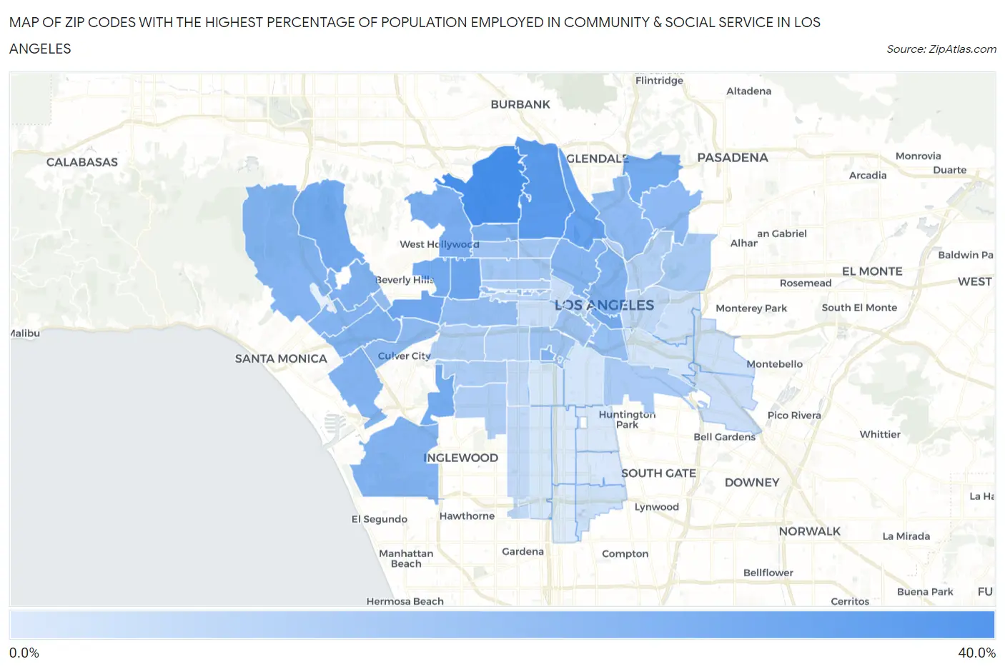 Zip Codes with the Highest Percentage of Population Employed in Community & Social Service  in Los Angeles Map