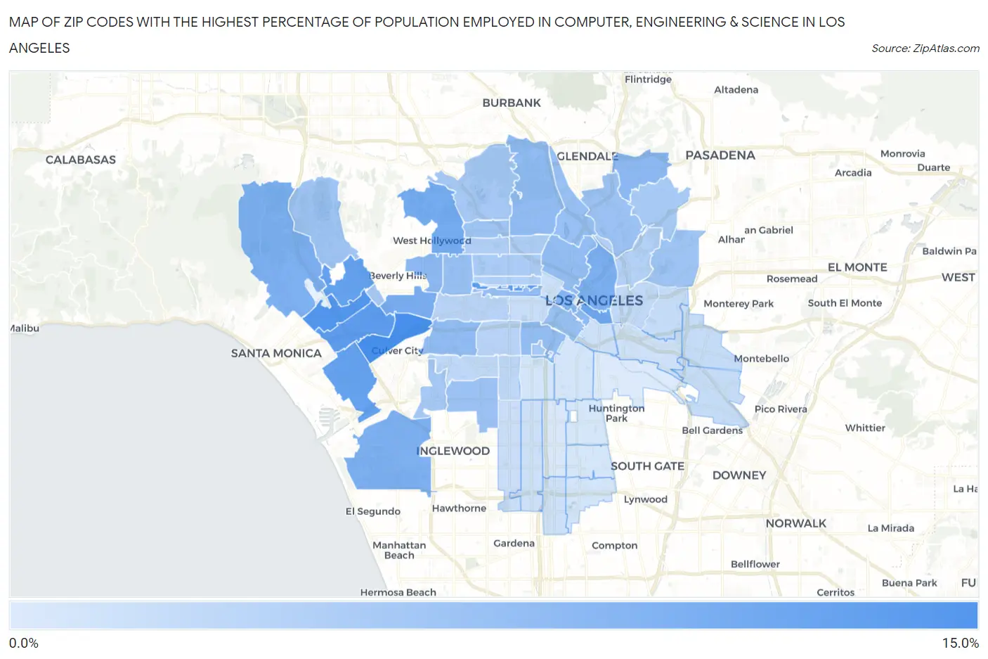 Zip Codes with the Highest Percentage of Population Employed in Computer, Engineering & Science in Los Angeles Map