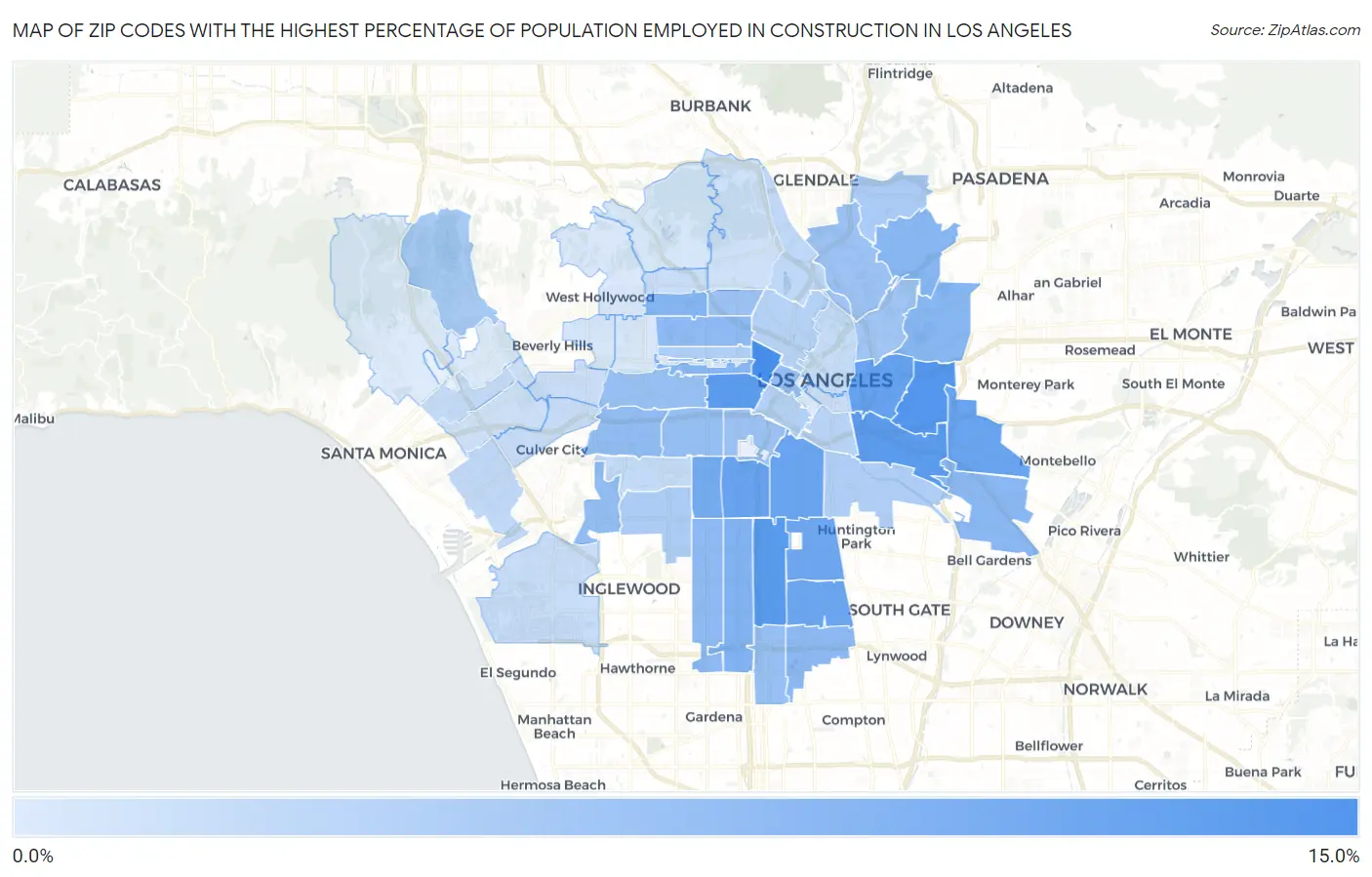 Zip Codes with the Highest Percentage of Population Employed in Construction in Los Angeles Map