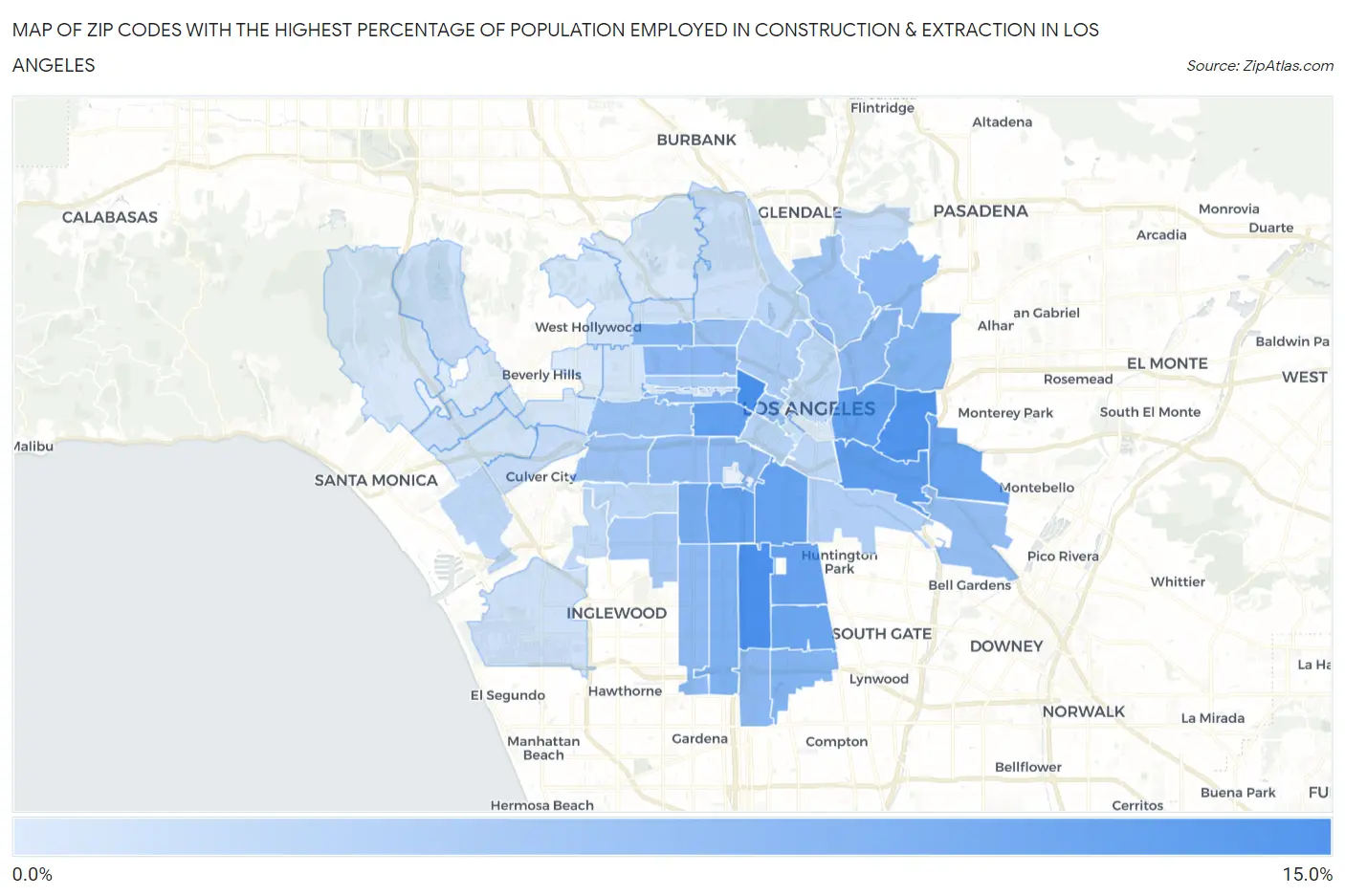 Zip Codes with the Highest Percentage of Population Employed in Construction & Extraction in Los Angeles Map