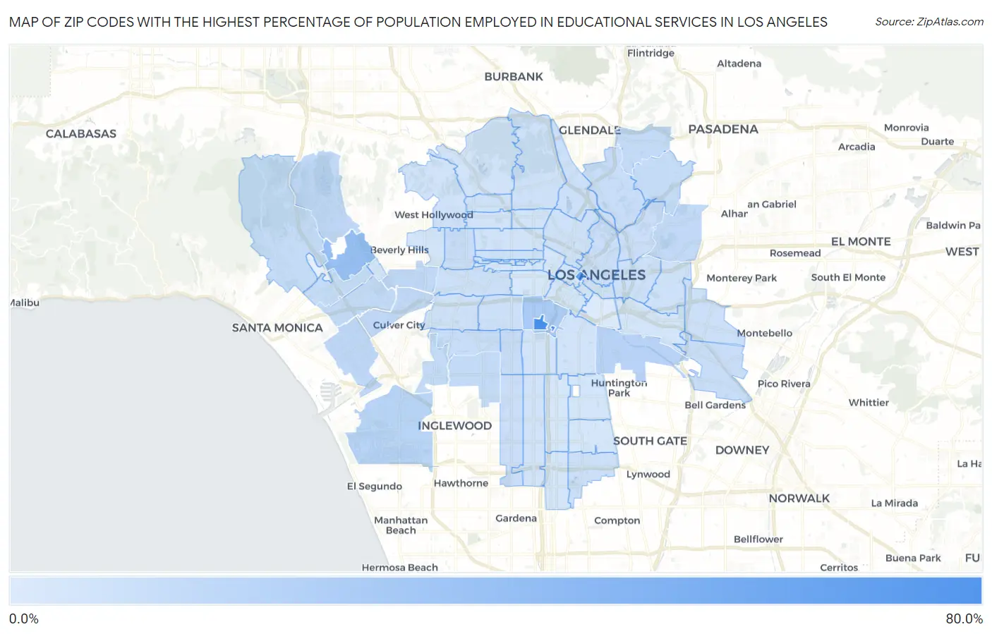 Zip Codes with the Highest Percentage of Population Employed in Educational Services in Los Angeles Map