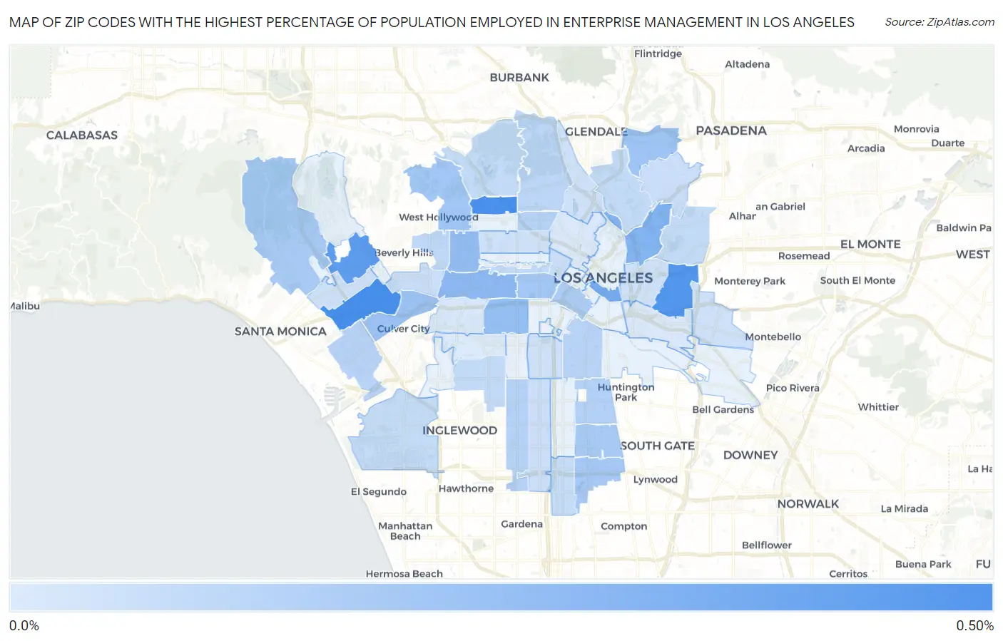 Zip Codes with the Highest Percentage of Population Employed in Enterprise Management in Los Angeles Map