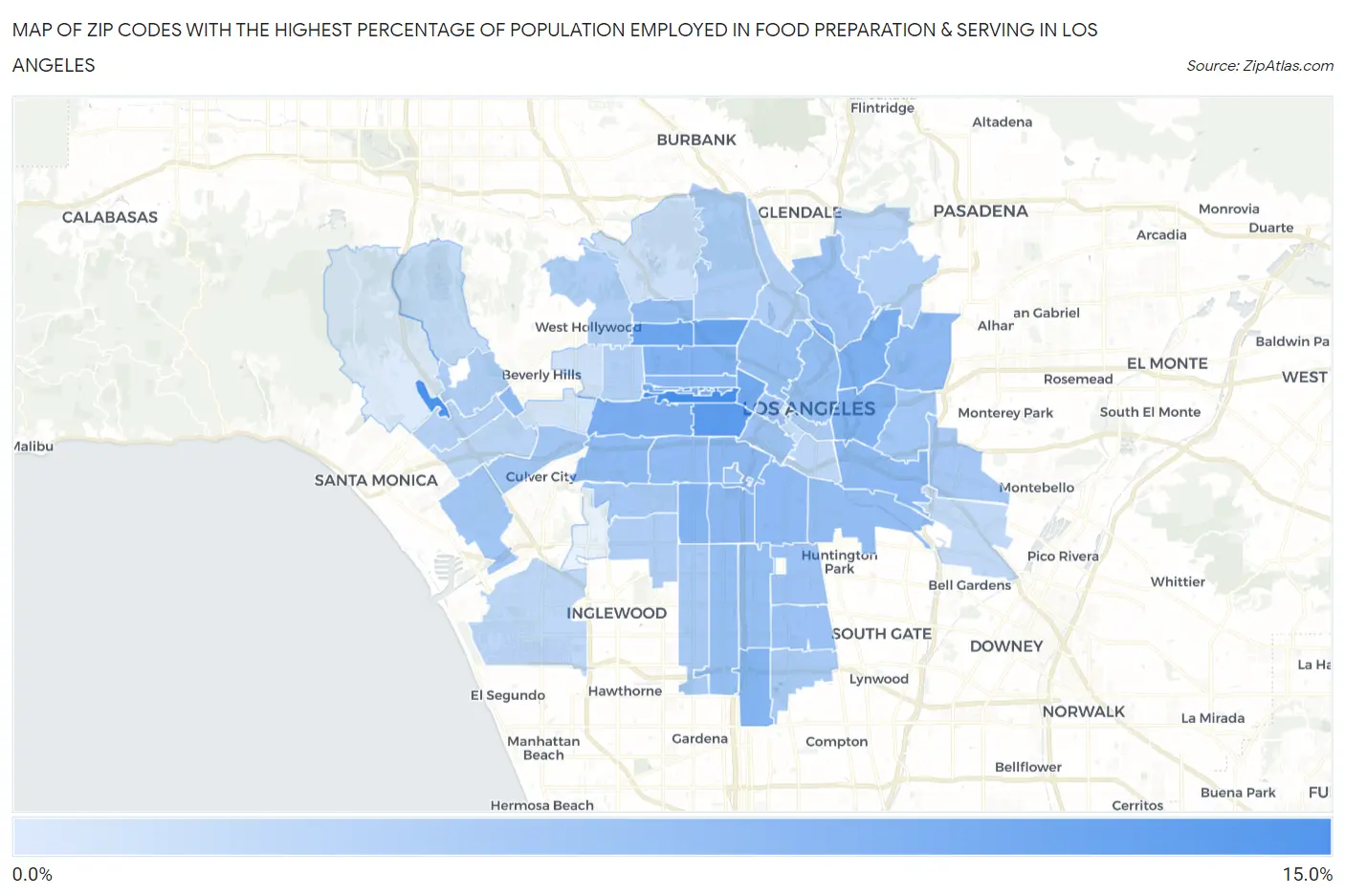 Zip Codes with the Highest Percentage of Population Employed in Food Preparation & Serving in Los Angeles Map