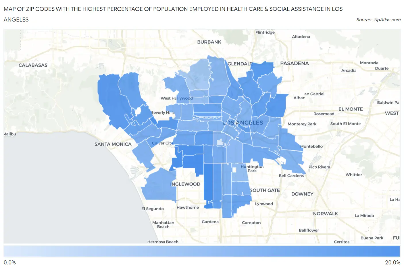 Zip Codes with the Highest Percentage of Population Employed in Health Care & Social Assistance in Los Angeles Map