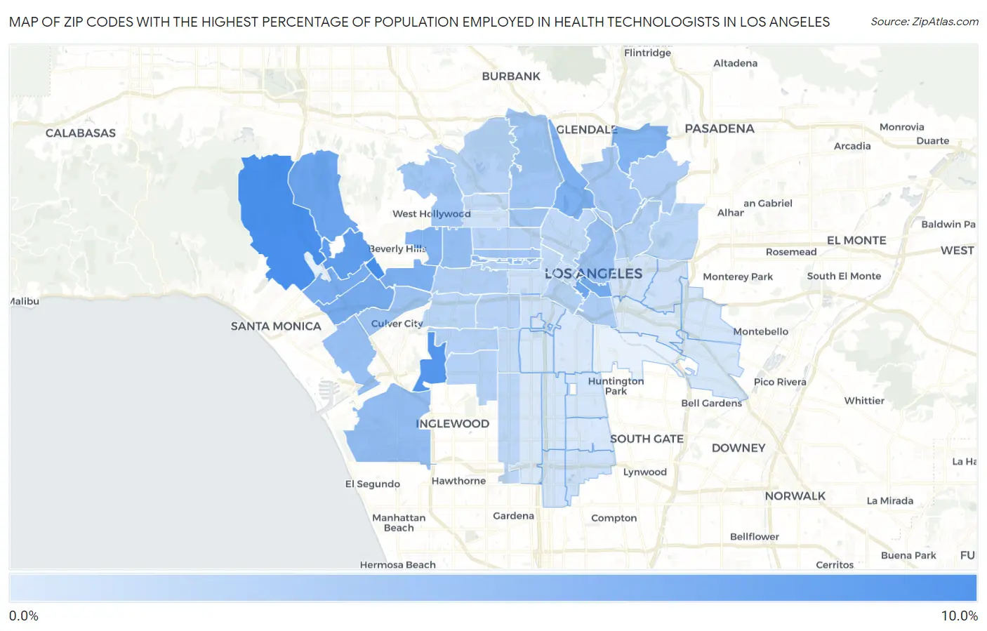 Zip Codes with the Highest Percentage of Population Employed in Health Technologists in Los Angeles Map