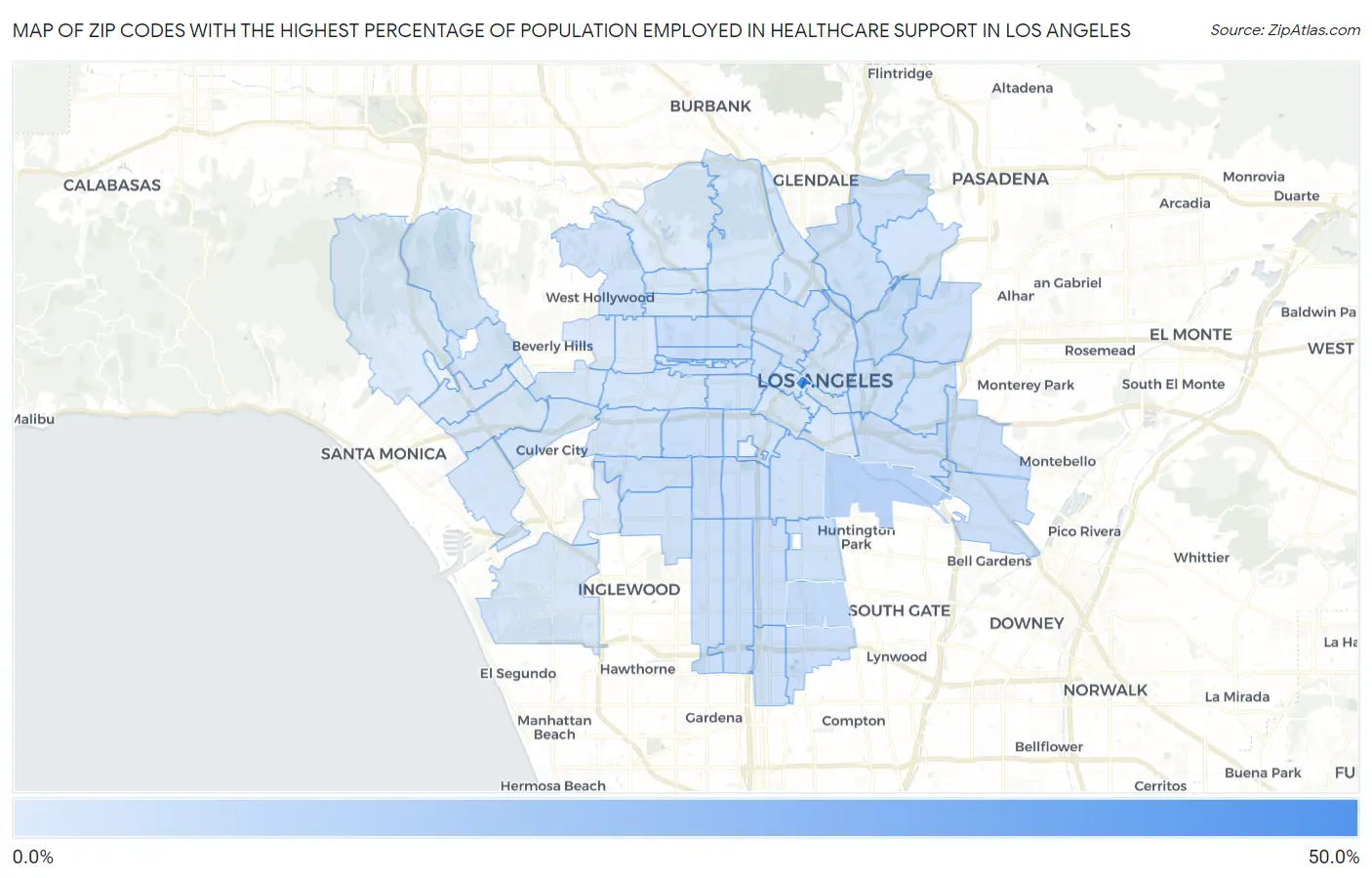 Zip Codes with the Highest Percentage of Population Employed in Healthcare Support in Los Angeles Map