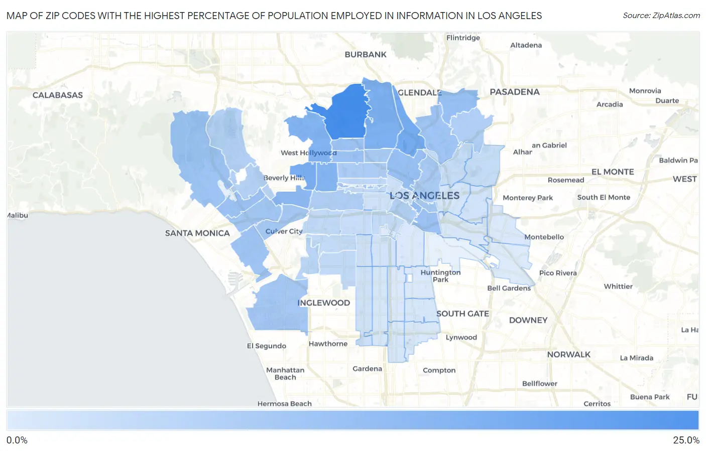 Zip Codes with the Highest Percentage of Population Employed in Information in Los Angeles Map