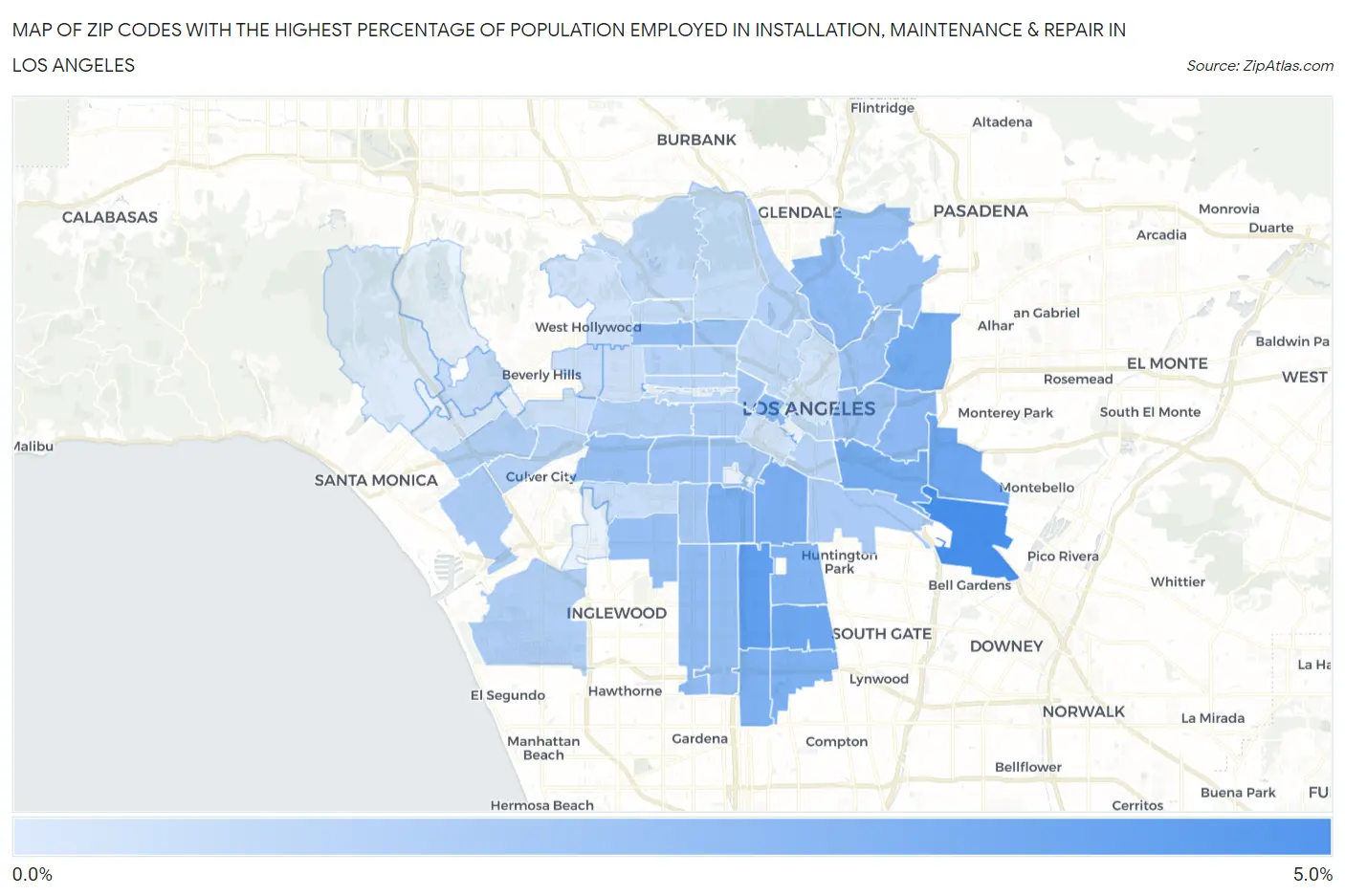Zip Codes with the Highest Percentage of Population Employed in Installation, Maintenance & Repair in Los Angeles Map