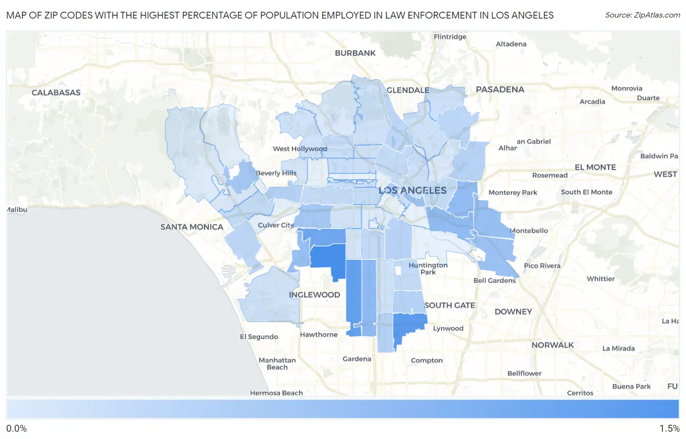 Zip Codes with the Highest Percentage of Population Employed in Law Enforcement in Los Angeles Map