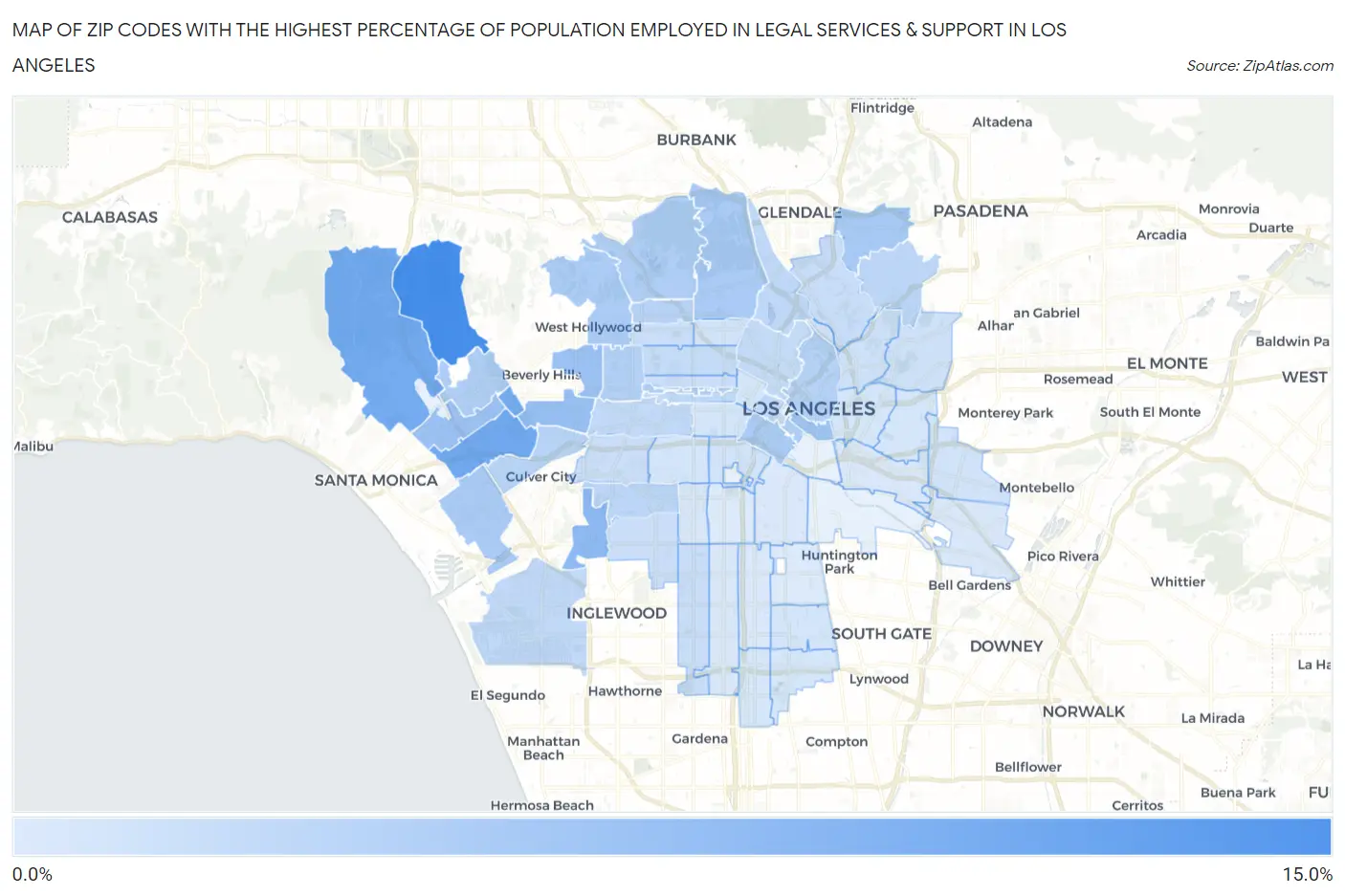 Zip Codes with the Highest Percentage of Population Employed in Legal Services & Support in Los Angeles Map