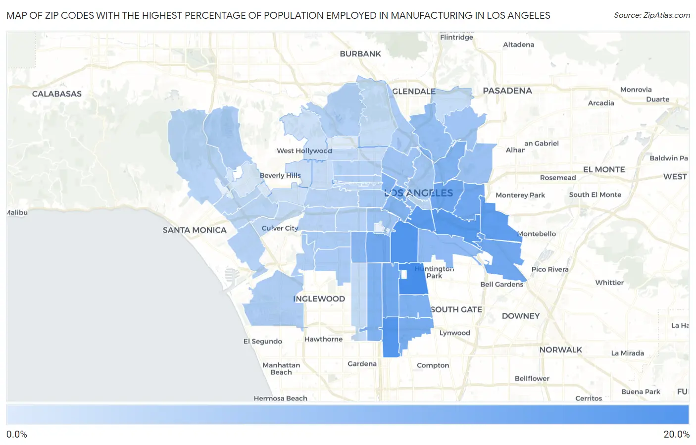 Zip Codes with the Highest Percentage of Population Employed in Manufacturing in Los Angeles Map