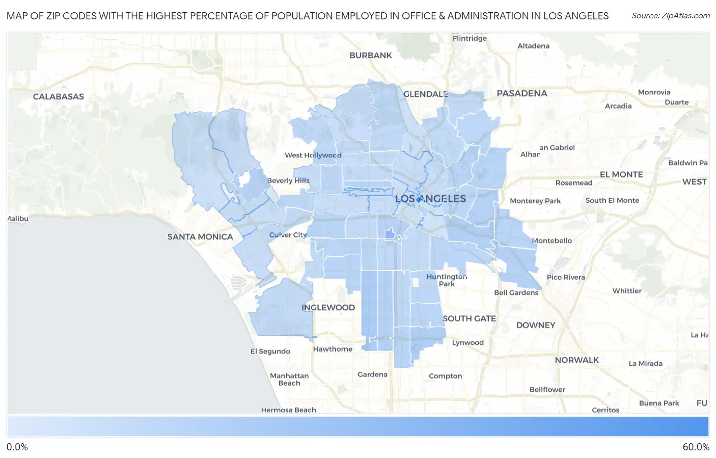 Zip Codes with the Highest Percentage of Population Employed in Office & Administration in Los Angeles Map