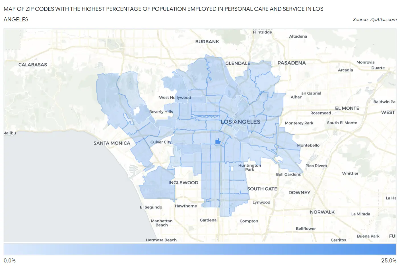Zip Codes with the Highest Percentage of Population Employed in Personal Care and Service in Los Angeles Map