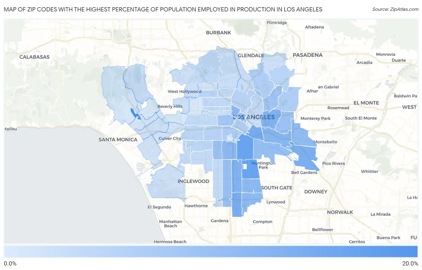 Zip Codes with the Highest Percentage of Population Employed in Production in Los Angeles Map