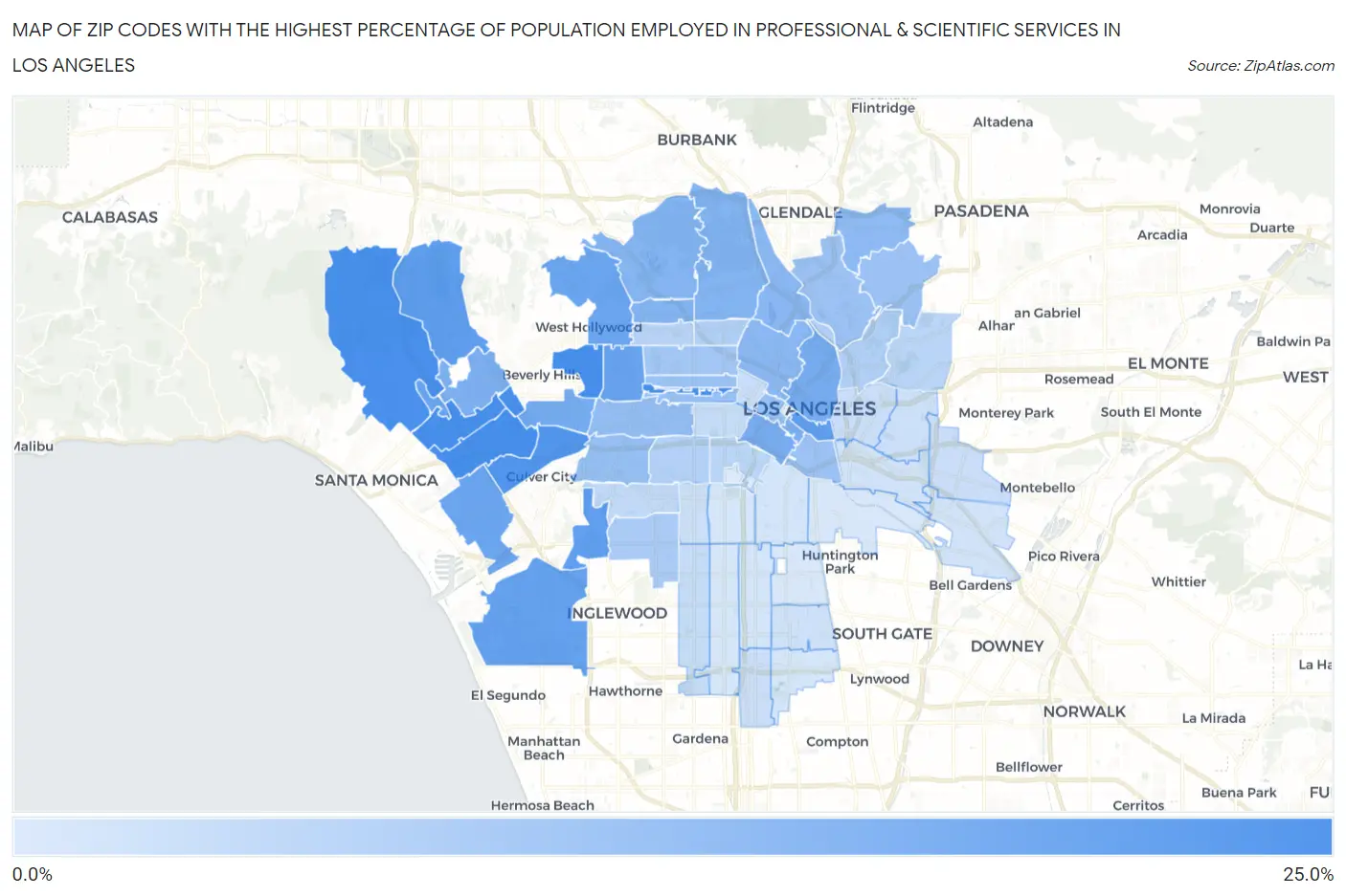 Zip Codes with the Highest Percentage of Population Employed in Professional & Scientific Services in Los Angeles Map