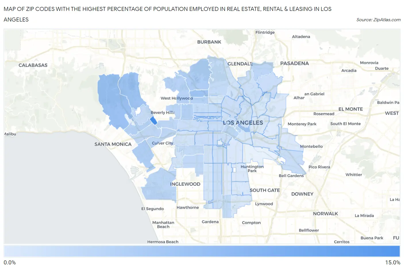Zip Codes with the Highest Percentage of Population Employed in Real Estate, Rental & Leasing in Los Angeles Map