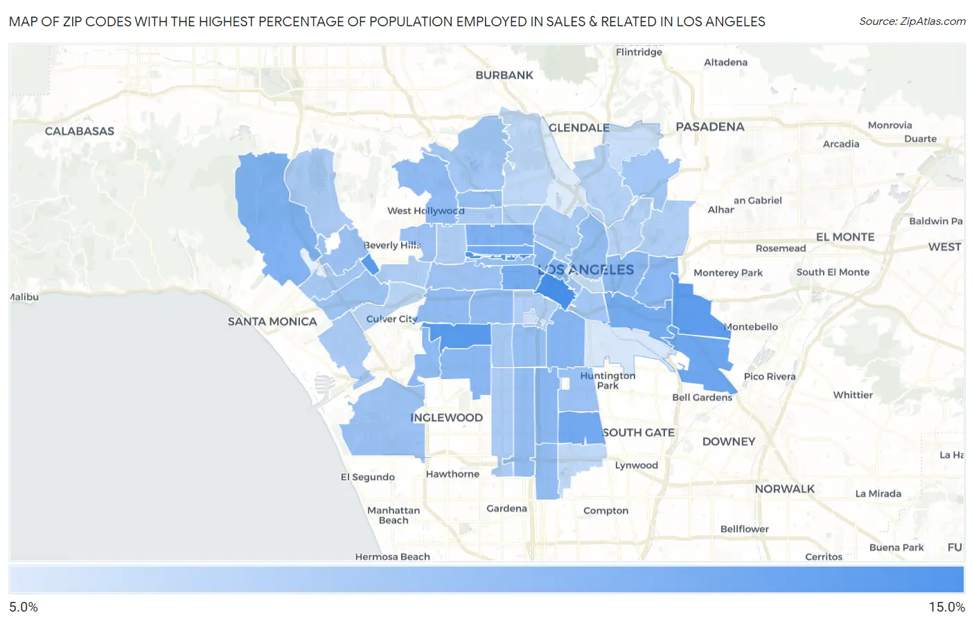Zip Codes with the Highest Percentage of Population Employed in Sales & Related in Los Angeles Map