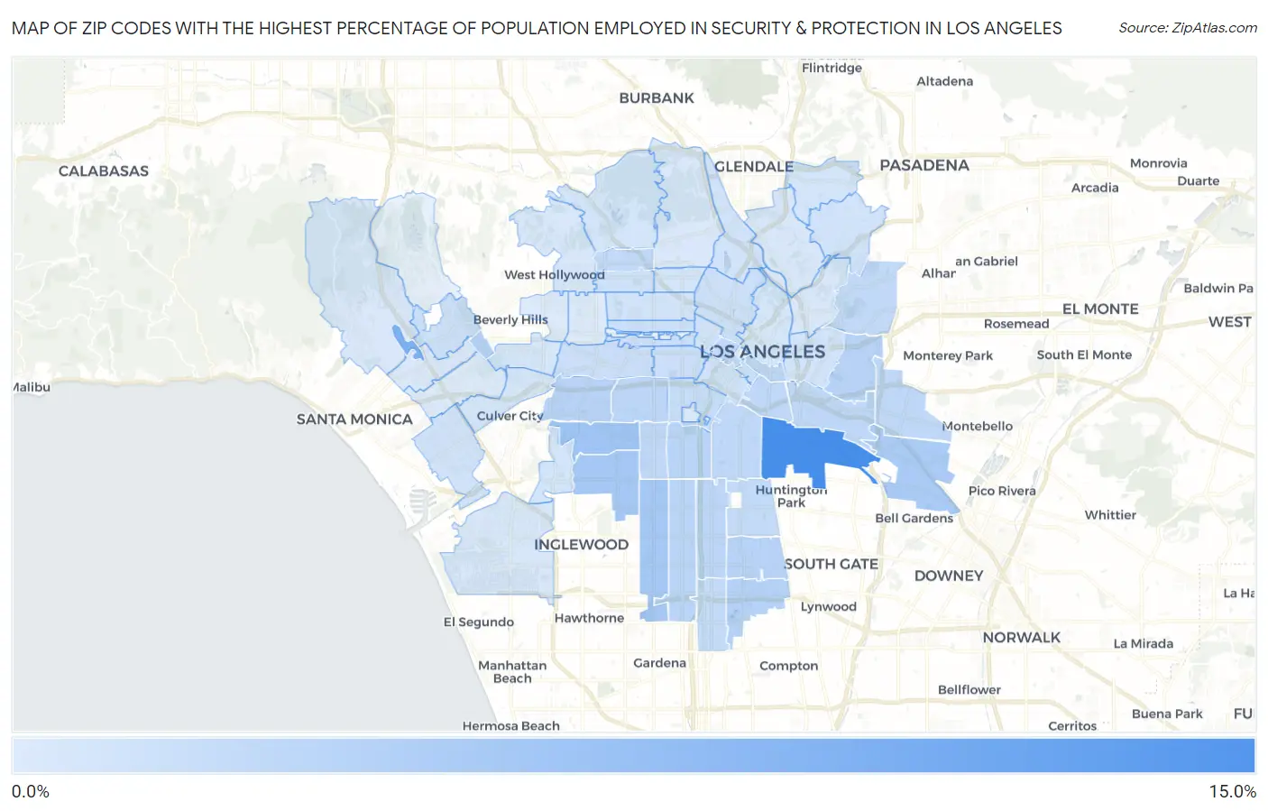 Zip Codes with the Highest Percentage of Population Employed in Security & Protection in Los Angeles Map