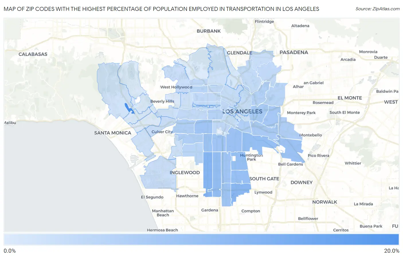 Zip Codes with the Highest Percentage of Population Employed in Transportation in Los Angeles Map