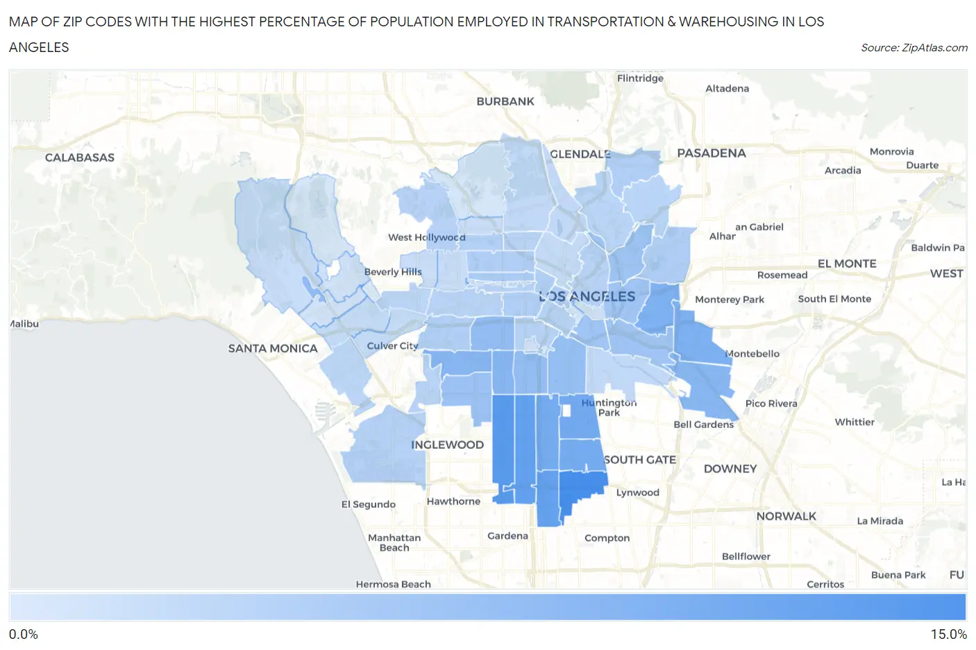Zip Codes with the Highest Percentage of Population Employed in Transportation & Warehousing in Los Angeles Map