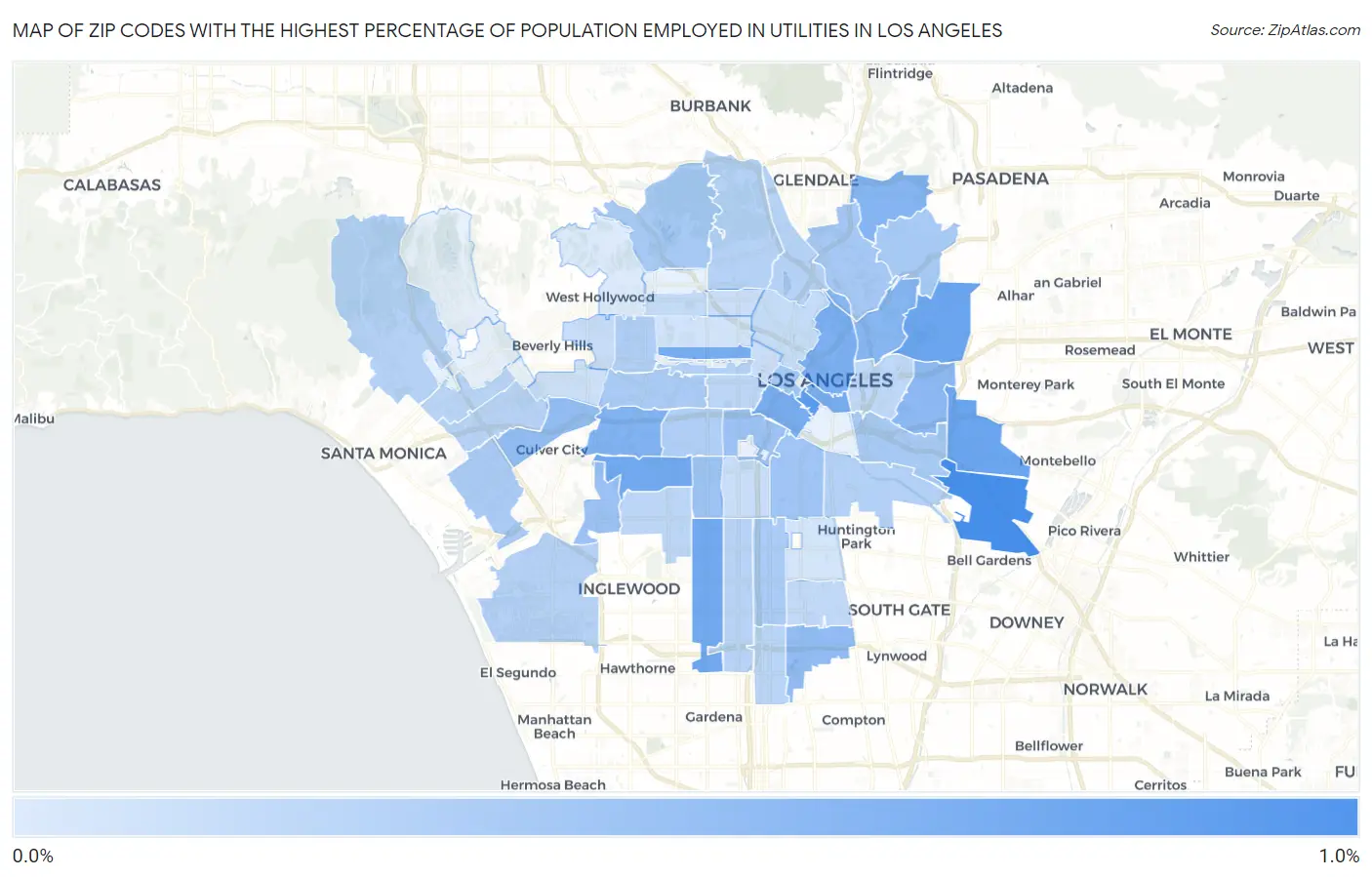 Zip Codes with the Highest Percentage of Population Employed in Utilities in Los Angeles Map