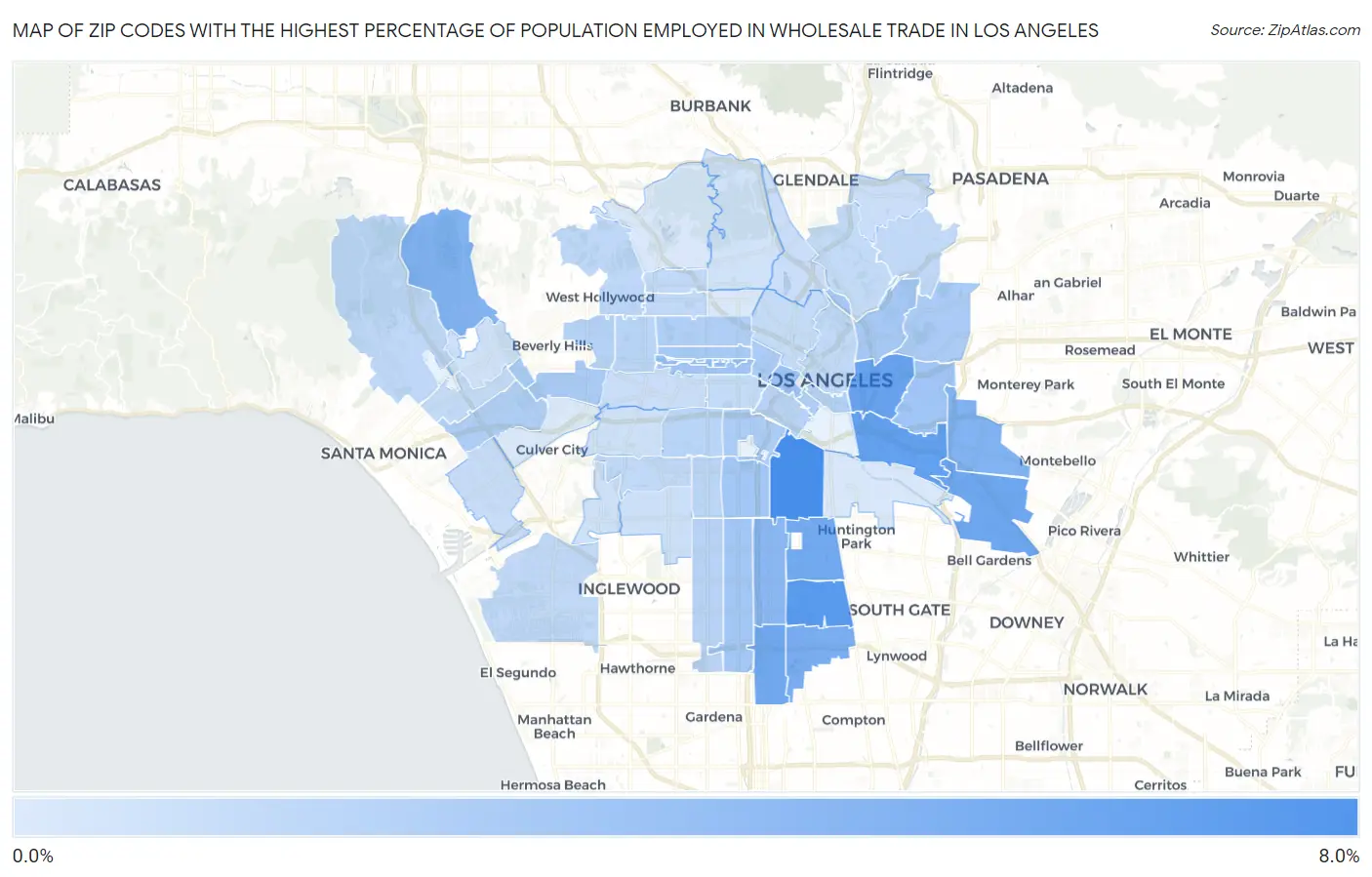 Zip Codes with the Highest Percentage of Population Employed in Wholesale Trade in Los Angeles Map