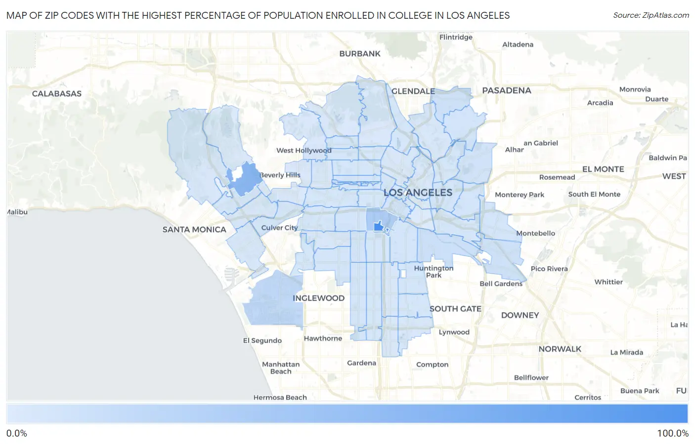 Zip Codes with the Highest Percentage of Population Enrolled in College in Los Angeles Map