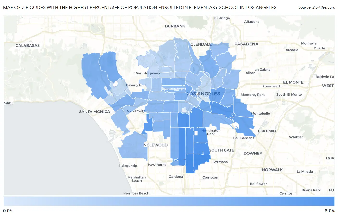 Zip Codes with the Highest Percentage of Population Enrolled in Elementary School in Los Angeles Map