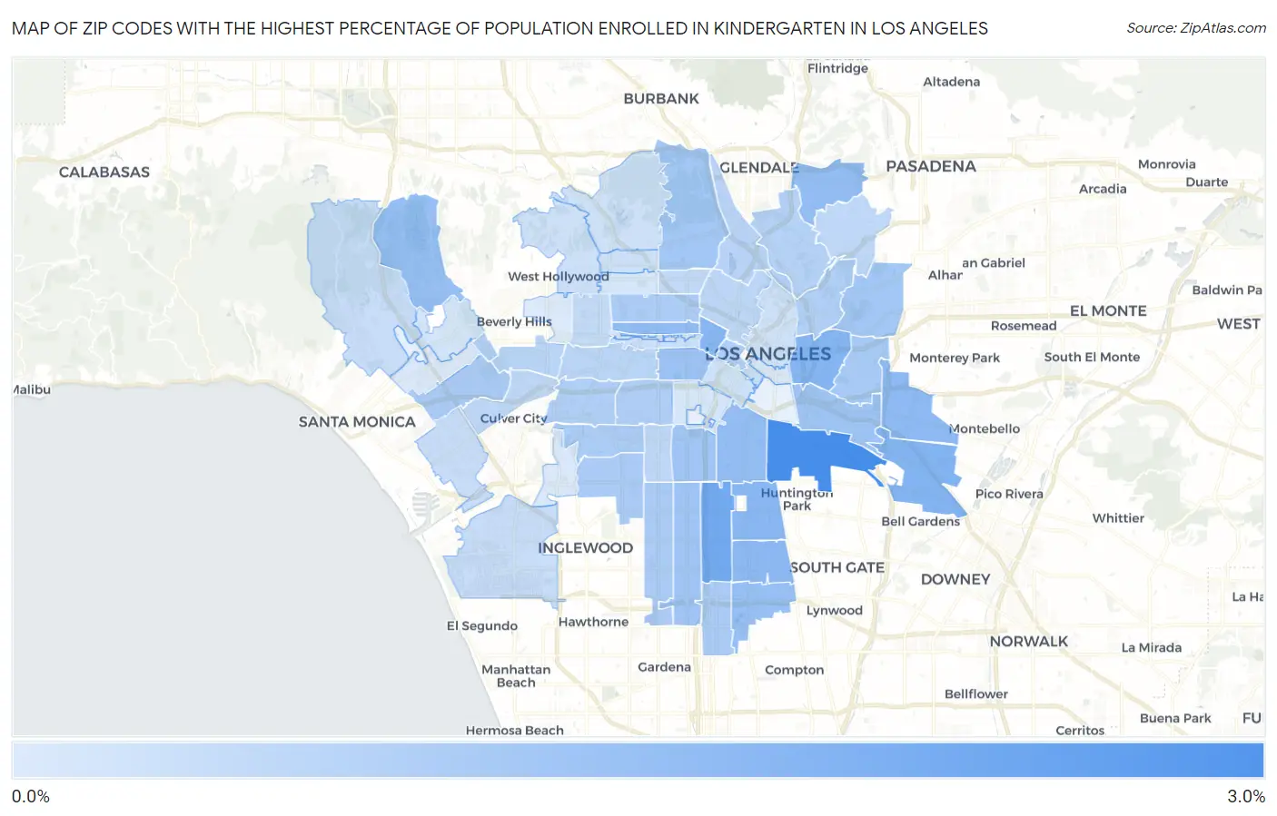 Zip Codes with the Highest Percentage of Population Enrolled in Kindergarten in Los Angeles Map