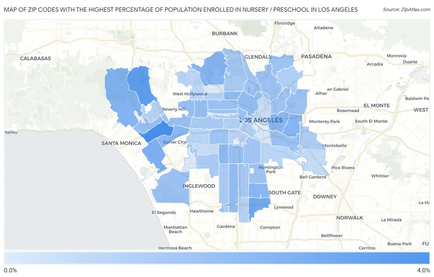 Zip Codes with the Highest Percentage of Population Enrolled in Nursery / Preschool in Los Angeles Map