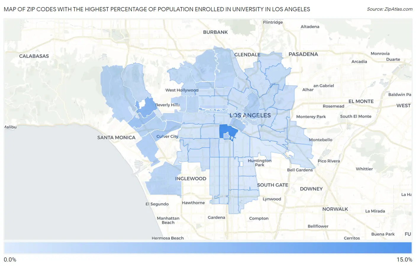 Zip Codes with the Highest Percentage of Population Enrolled in University in Los Angeles Map