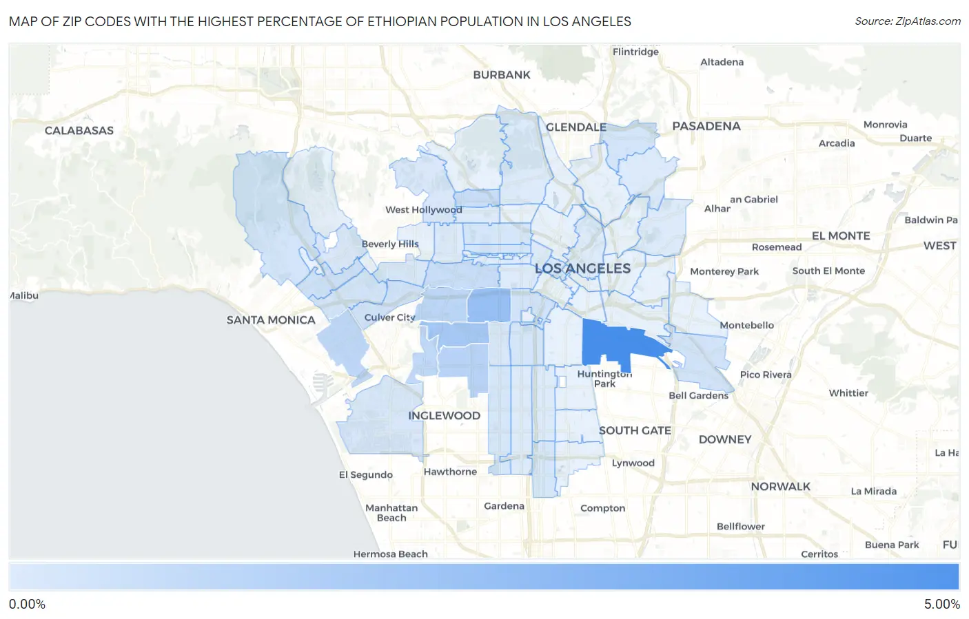 Zip Codes with the Highest Percentage of Ethiopian Population in Los Angeles Map