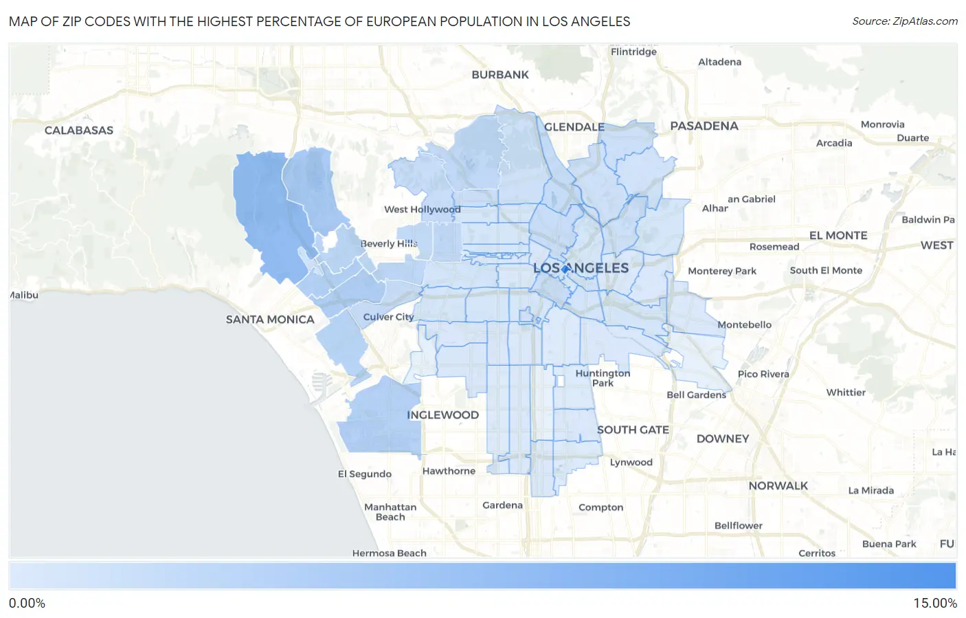 Zip Codes with the Highest Percentage of European Population in Los Angeles Map