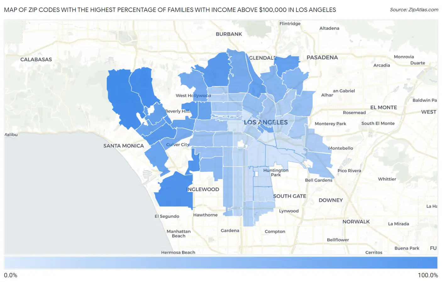 Zip Codes with the Highest Percentage of Families with Income Above $100,000 in Los Angeles Map