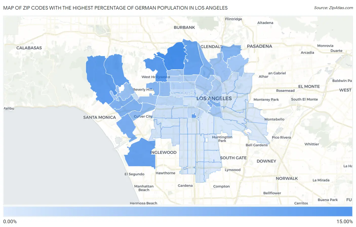 Zip Codes with the Highest Percentage of German Population in Los Angeles Map