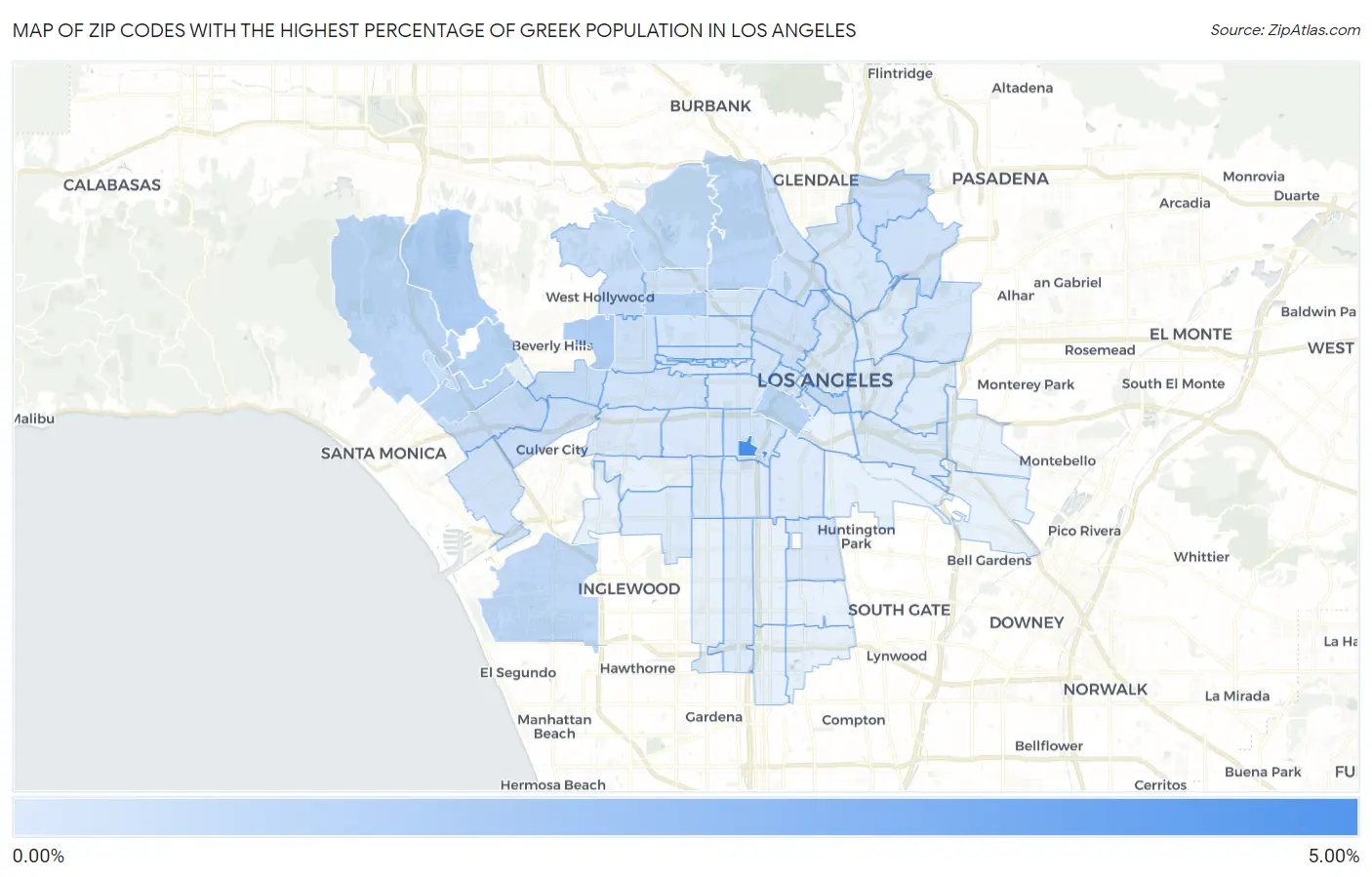Zip Codes with the Highest Percentage of Greek Population in Los Angeles Map
