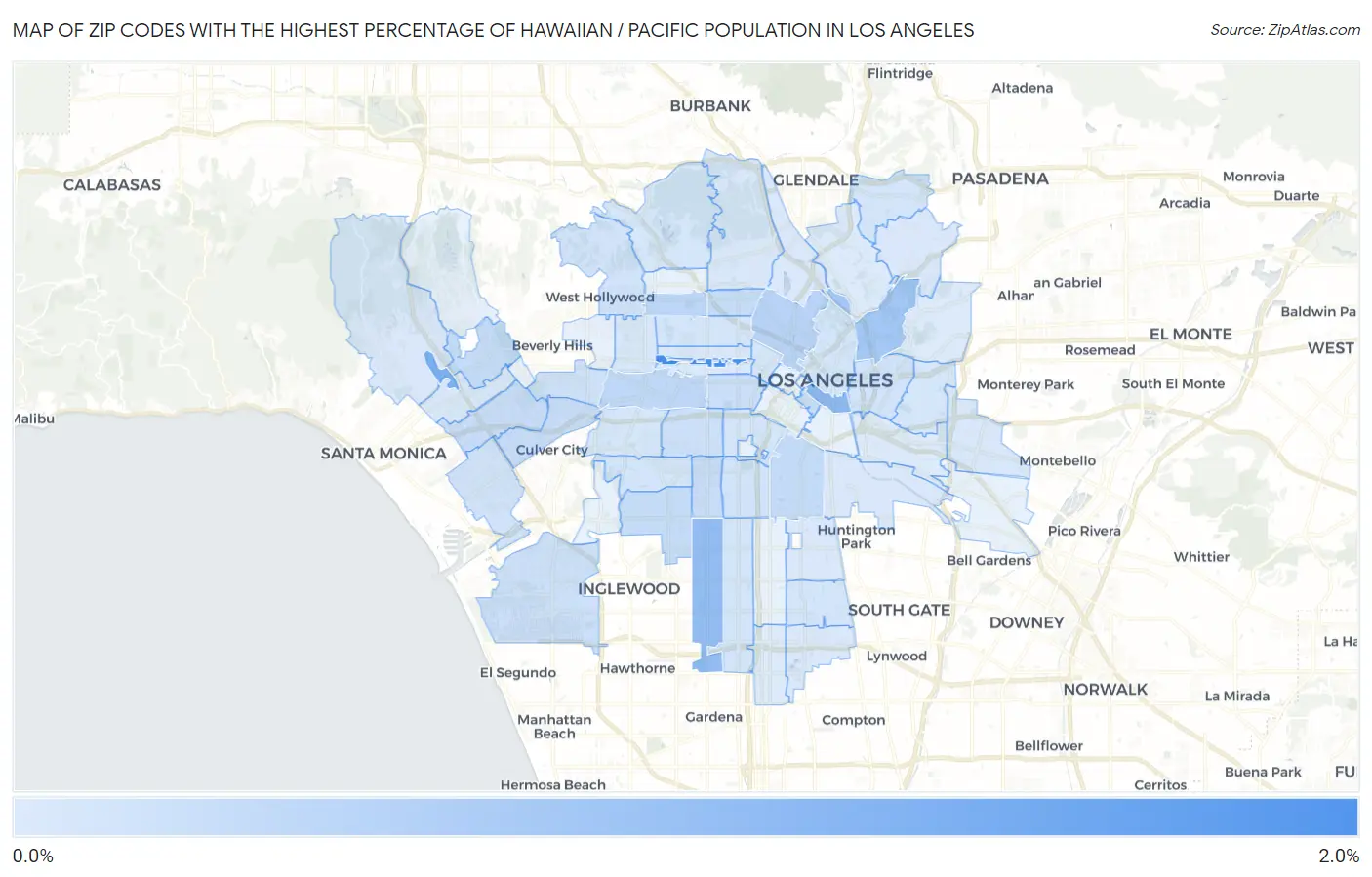 Zip Codes with the Highest Percentage of Hawaiian / Pacific Population in Los Angeles Map