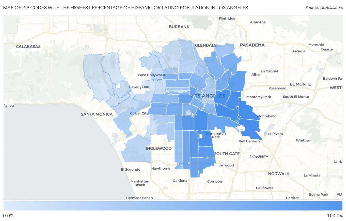 Zip Codes with the Highest Percentage of Hispanic or Latino Population in Los Angeles Map