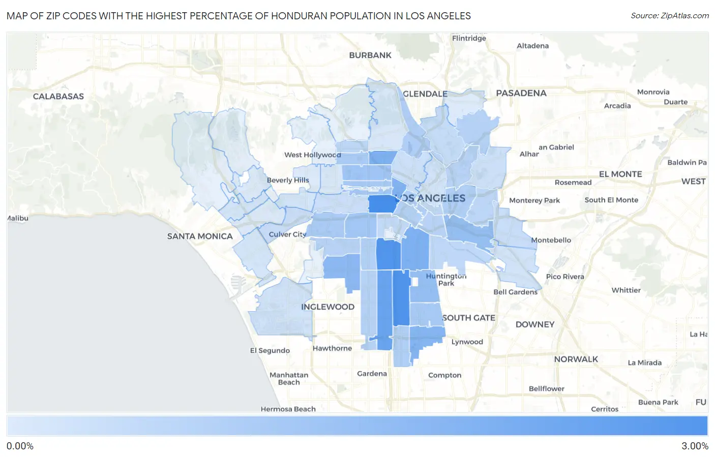 Zip Codes with the Highest Percentage of Honduran Population in Los Angeles Map