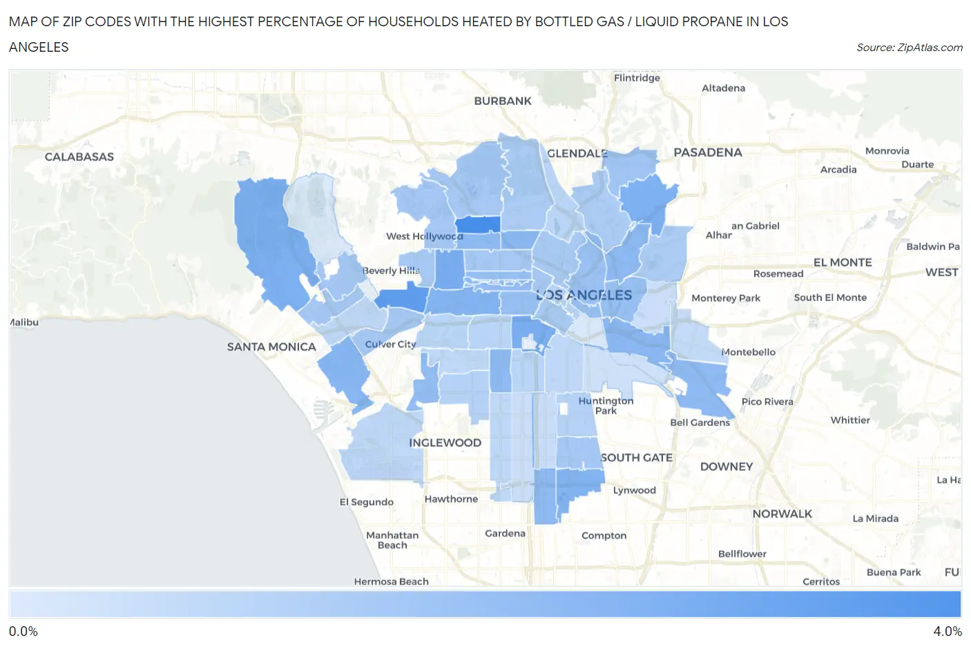 Zip Codes with the Highest Percentage of Households Heated by Bottled Gas / Liquid Propane in Los Angeles Map