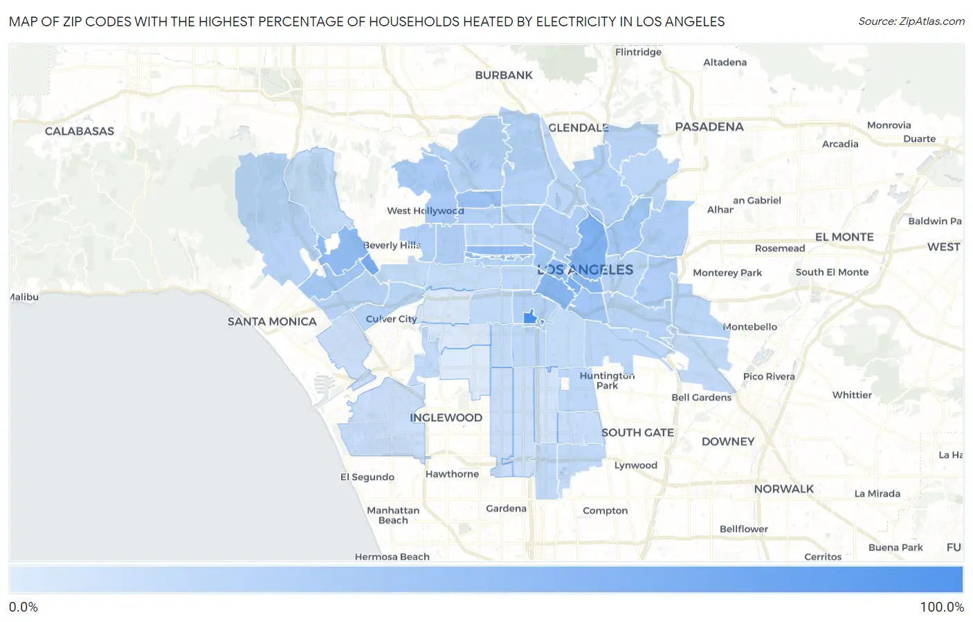 Zip Codes with the Highest Percentage of Households Heated by Electricity in Los Angeles Map