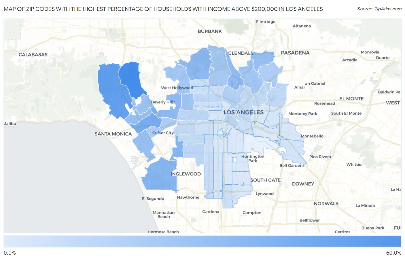 Zip Codes with the Highest Percentage of Households with Income Above $200,000 in Los Angeles Map