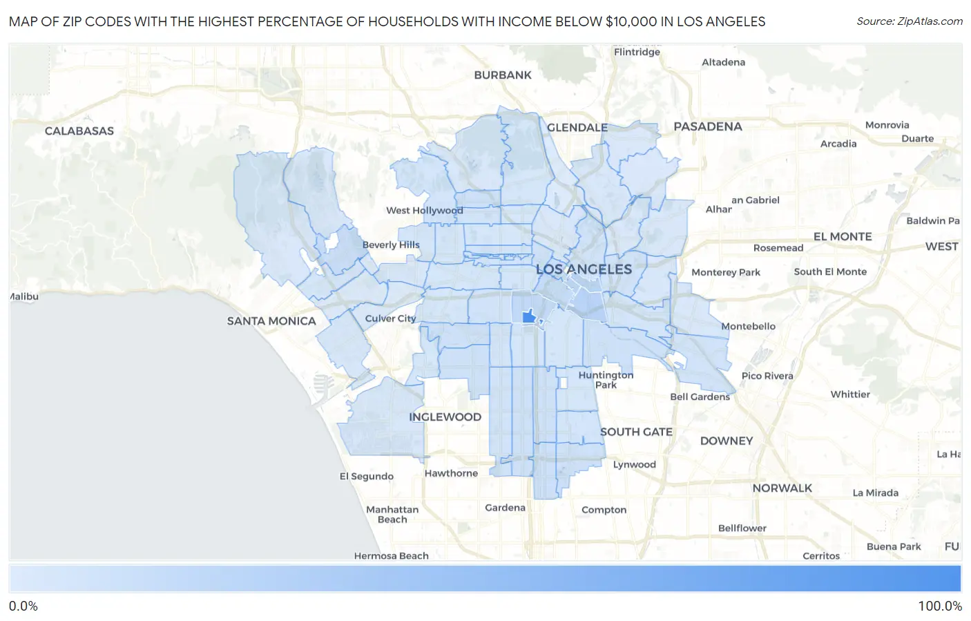 Zip Codes with the Highest Percentage of Households with Income Below $10,000 in Los Angeles Map