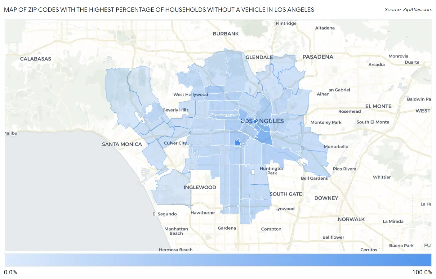 Zip Codes with the Highest Percentage of Households Without a Vehicle in Los Angeles Map