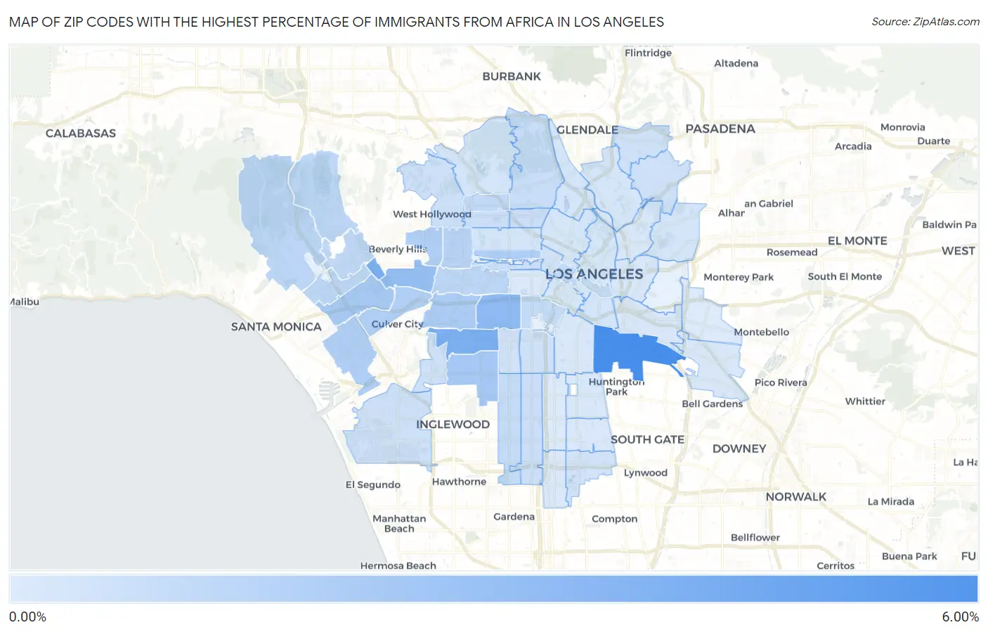 Zip Codes with the Highest Percentage of Immigrants from Africa in Los Angeles Map