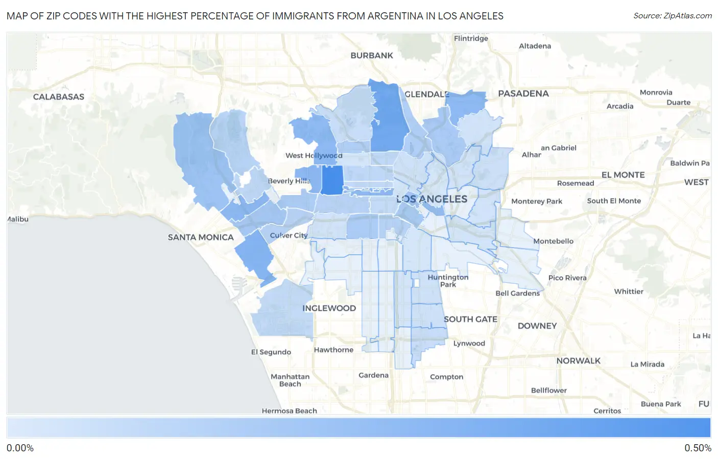 Zip Codes with the Highest Percentage of Immigrants from Argentina in Los Angeles Map