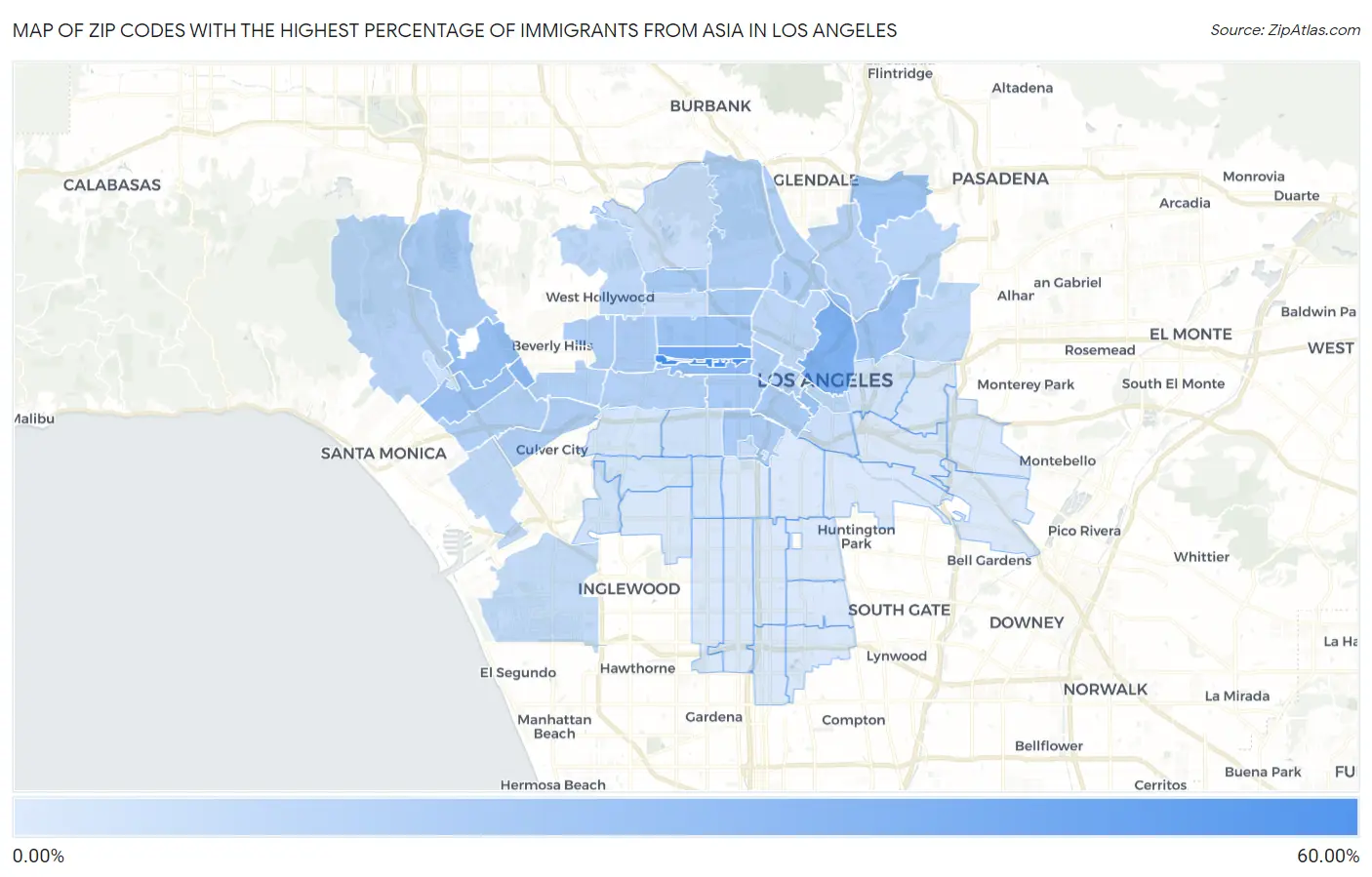 Zip Codes with the Highest Percentage of Immigrants from Asia in Los Angeles Map